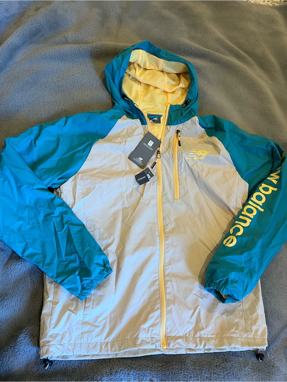New Balance Teal & Yellow Hooded Rain Jacket Unisex M Outdoor Active Wear NWT